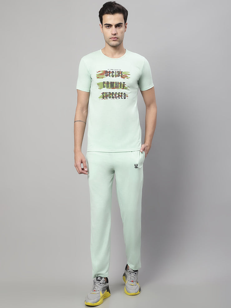 Mack Jonney Light Green Cotton Printed Co-ord Set Tracksuit For Men(Zip On 1 Side Pocket)