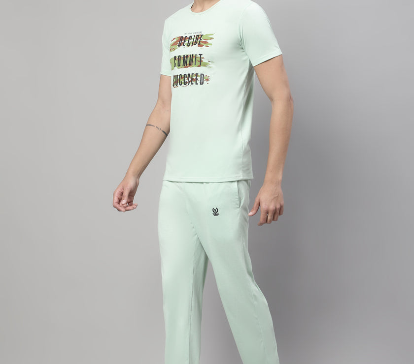 Mack Jonney Light Green Cotton Printed Co-ord Set Tracksuit For Men(Zip On 1 Side Pocket)