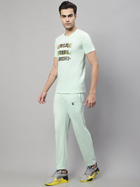 Mack Jonney Light Green Cotton Printed Co-ord Set Tracksuit For Men(Zip On 1 Side Pocket)