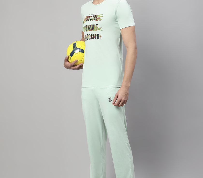 Mack Jonney Light Green Cotton Printed Co-ord Set Tracksuit For Men(Zip On 1 Side Pocket)