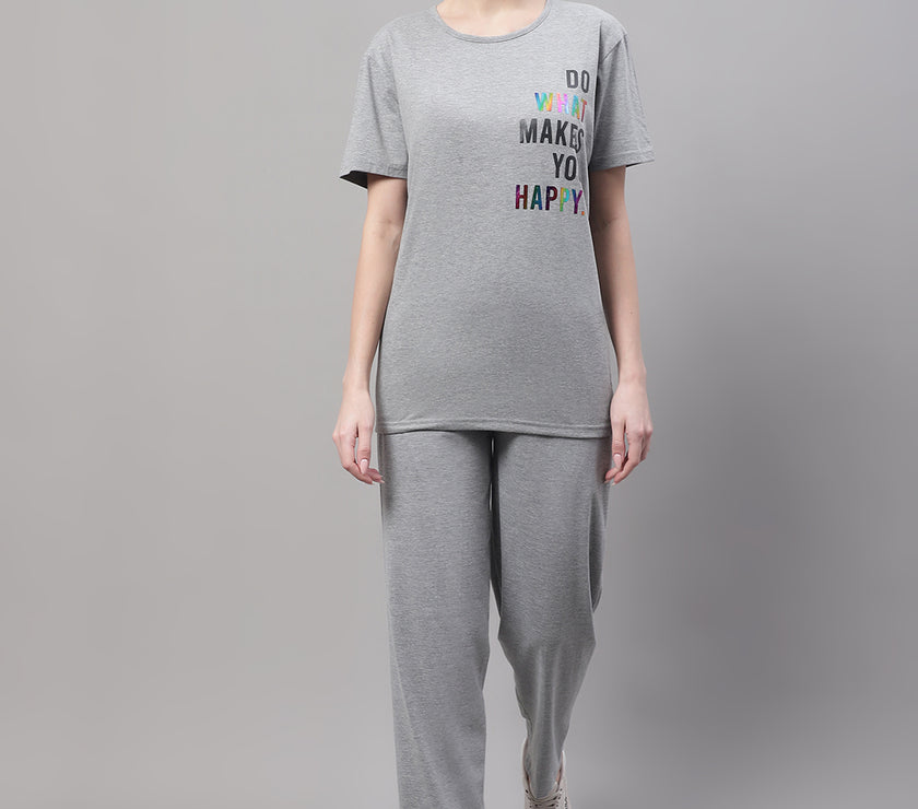 Mack Jonney Grey Melange Cotton Printed Co-ord Set Tracksuit For Women