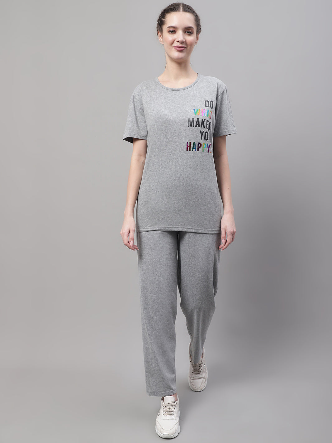 Mack Jonney Grey Melange Cotton Printed Co-ord Set Tracksuit For Women