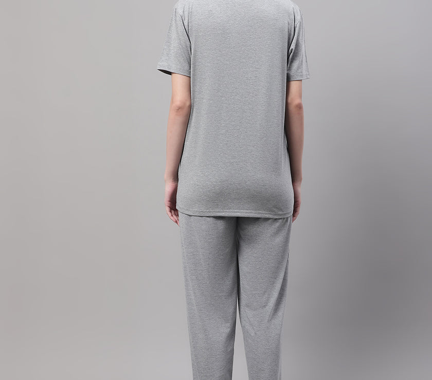 Mack Jonney Grey Melange Cotton Printed Co-ord Set Tracksuit For Women