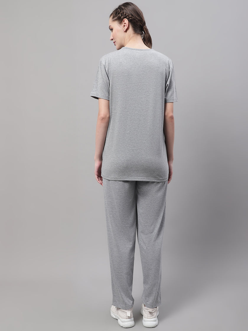 Mack Jonney Grey Melange Cotton Printed Co-ord Set Tracksuit For Women