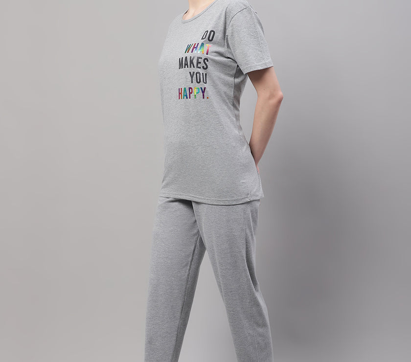 Mack Jonney Grey Melange Cotton Printed Co-ord Set Tracksuit For Women