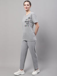 Mack Jonney Grey Melange Cotton Printed Co-ord Set Tracksuit For Women