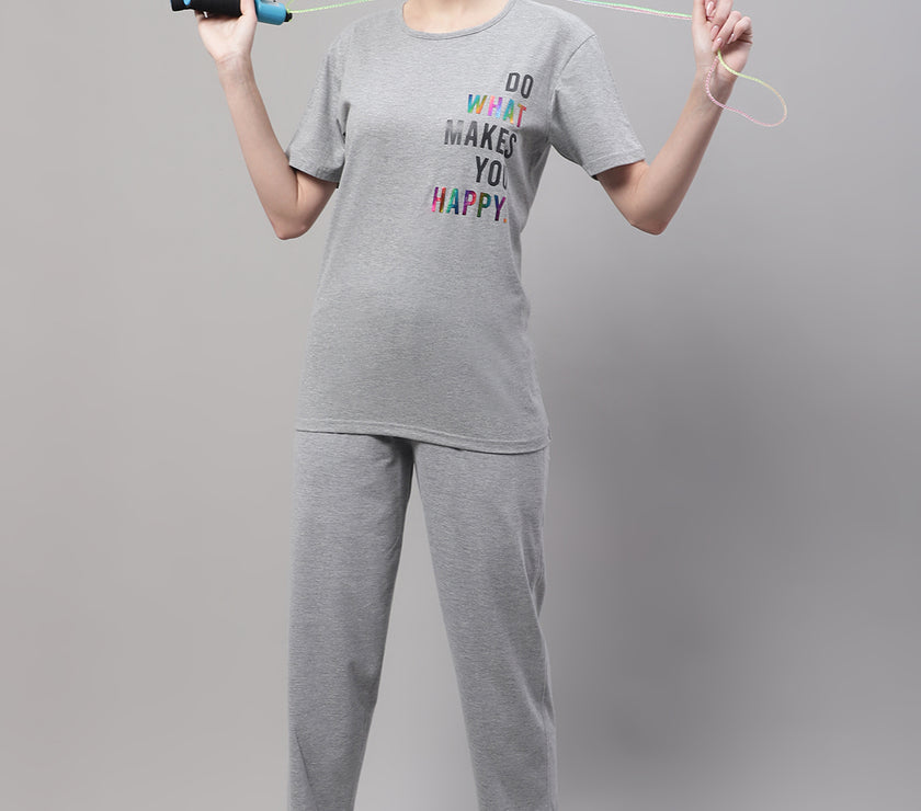 Mack Jonney Grey Melange Cotton Printed Co-ord Set Tracksuit For Women