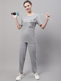 Mack Jonney Grey Melange Cotton Printed Co-ord Set Tracksuit For Women