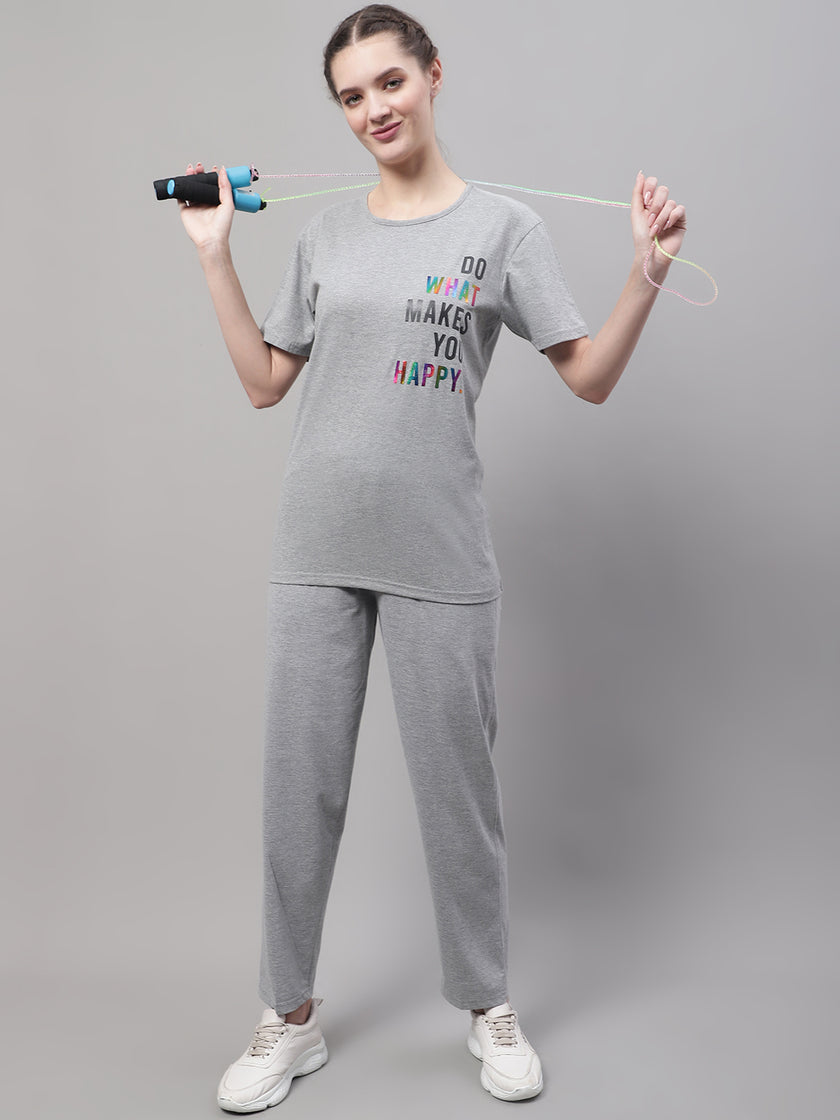 Mack Jonney Grey Melange Cotton Printed Co-ord Set Tracksuit For Women