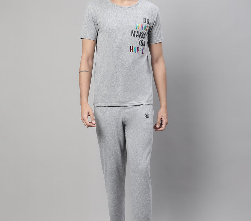Mack Jonney Grey Melange Cotton Printed Co-ord Set Tracksuit For Men(Zip On 1 Side Pocket)