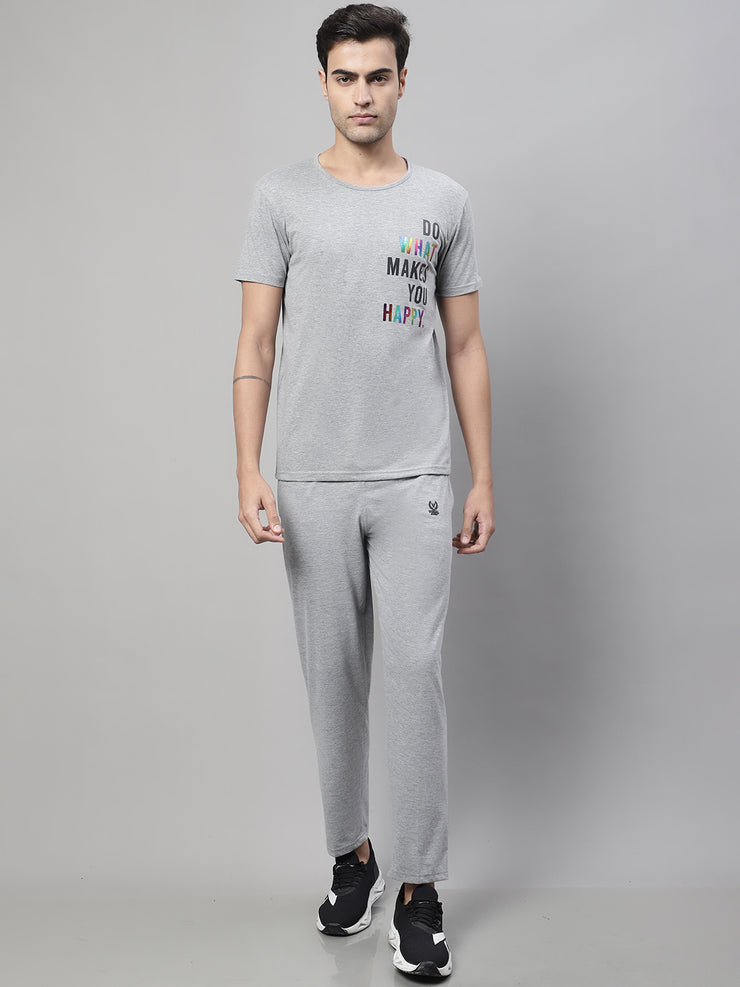 Mack Jonney Grey Melange Cotton Printed Co-ord Set Tracksuit For Men(Zip On 1 Side Pocket)