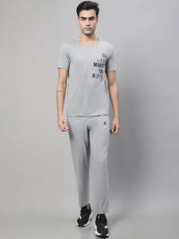 Mack Jonney Grey Melange Cotton Printed Co-ord Set Tracksuit For Men(Zip On 1 Side Pocket)