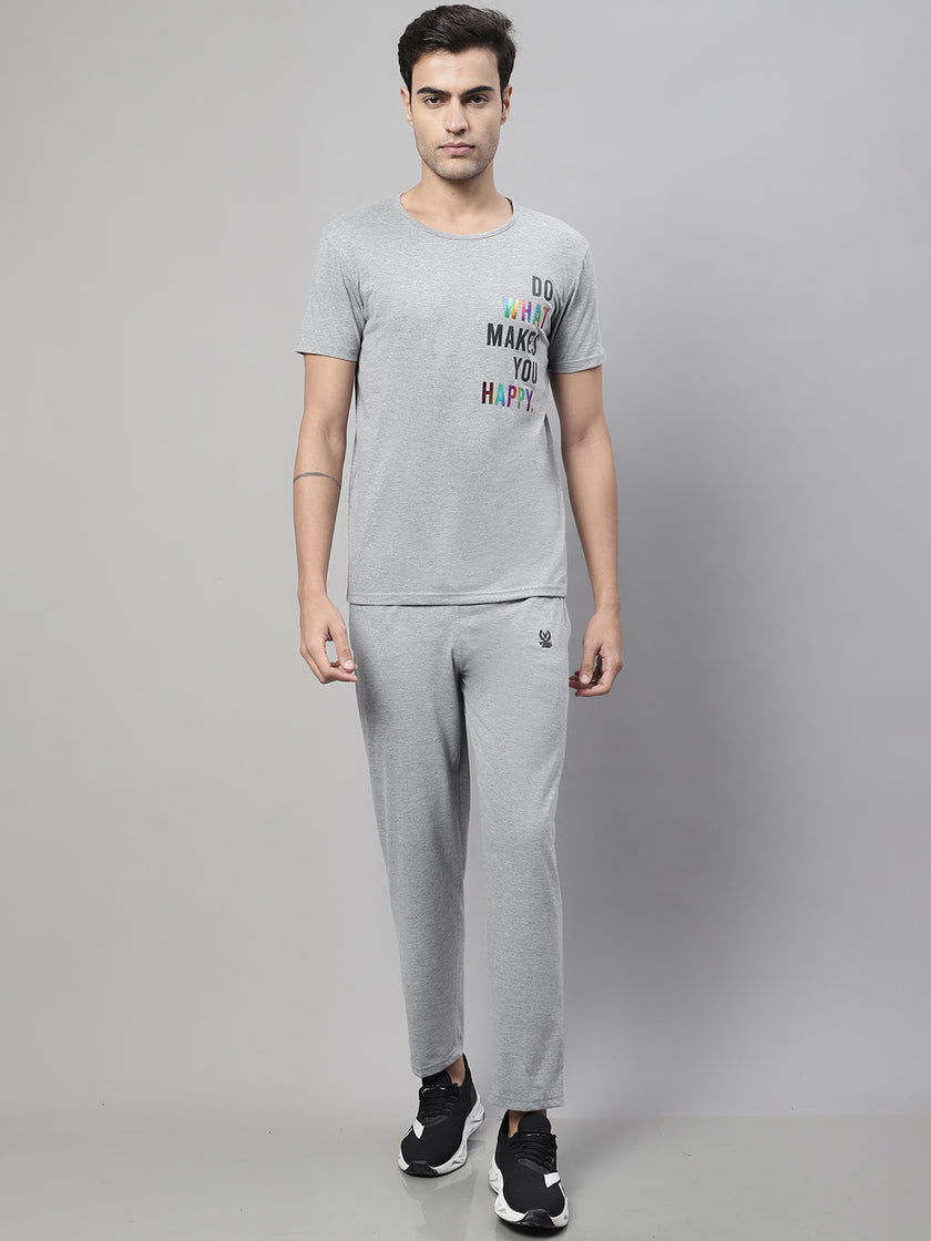 Mack Jonney Grey Melange Cotton Printed Co-ord Set Tracksuit For Men(Zip On 1 Side Pocket)