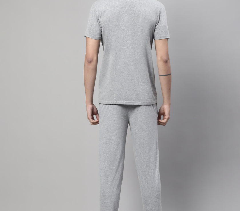 Mack Jonney Grey Melange Cotton Printed Co-ord Set Tracksuit For Men(Zip On 1 Side Pocket)