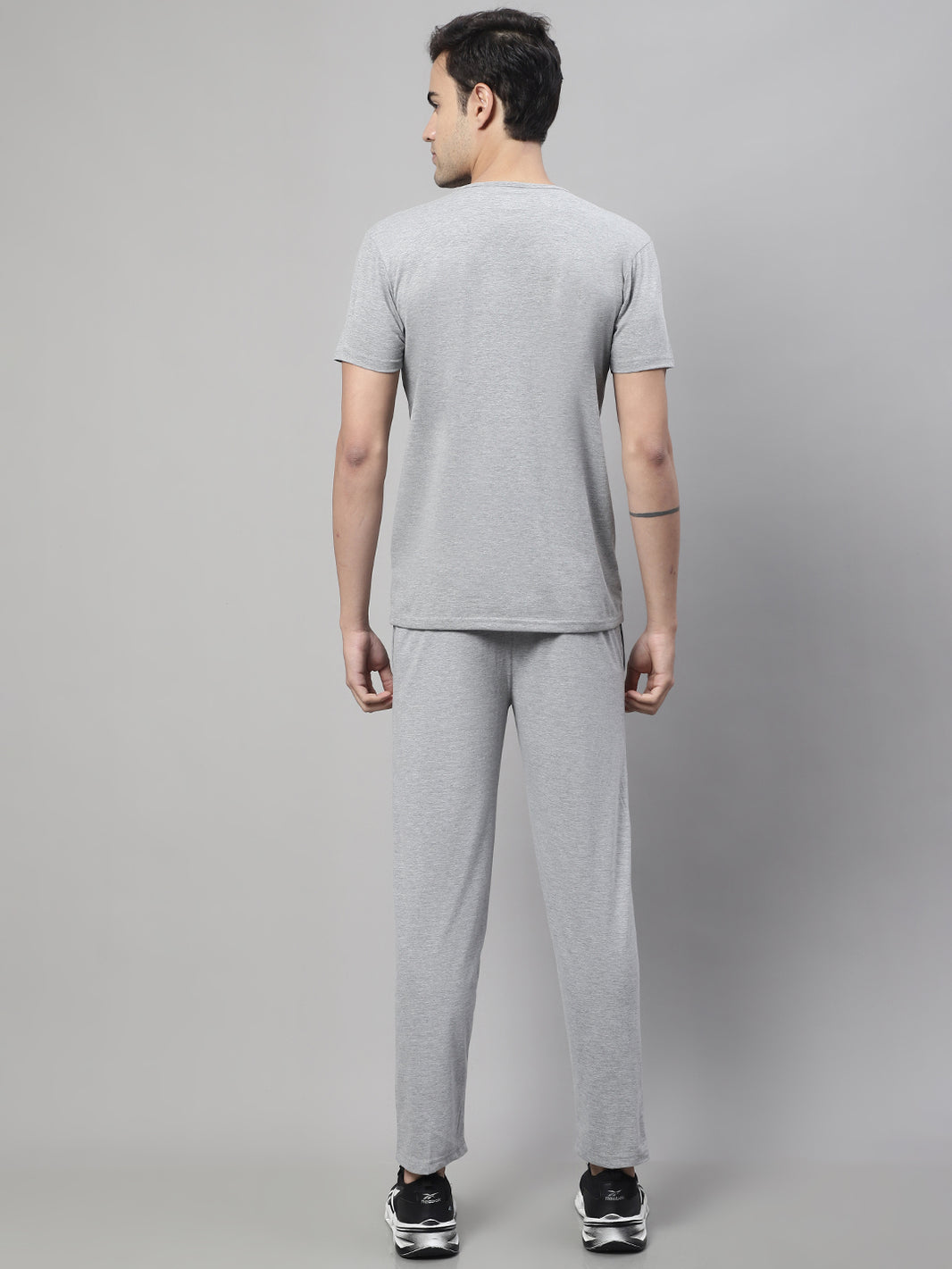 Mack Jonney Grey Melange Cotton Printed Co-ord Set Tracksuit For Men(Zip On 1 Side Pocket)