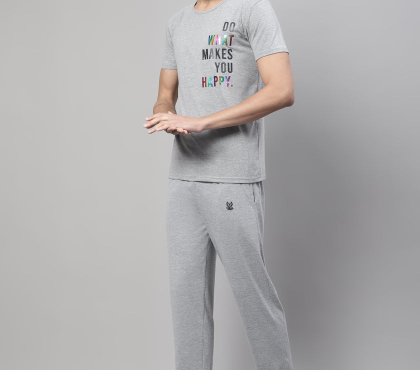 Mack Jonney Grey Melange Cotton Printed Co-ord Set Tracksuit For Men(Zip On 1 Side Pocket)