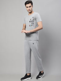 Mack Jonney Grey Melange Cotton Printed Co-ord Set Tracksuit For Men(Zip On 1 Side Pocket)