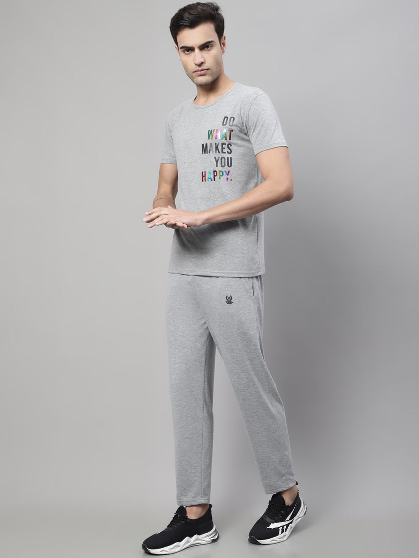 Mack Jonney Grey Melange Cotton Printed Co-ord Set Tracksuit For Men(Zip On 1 Side Pocket)