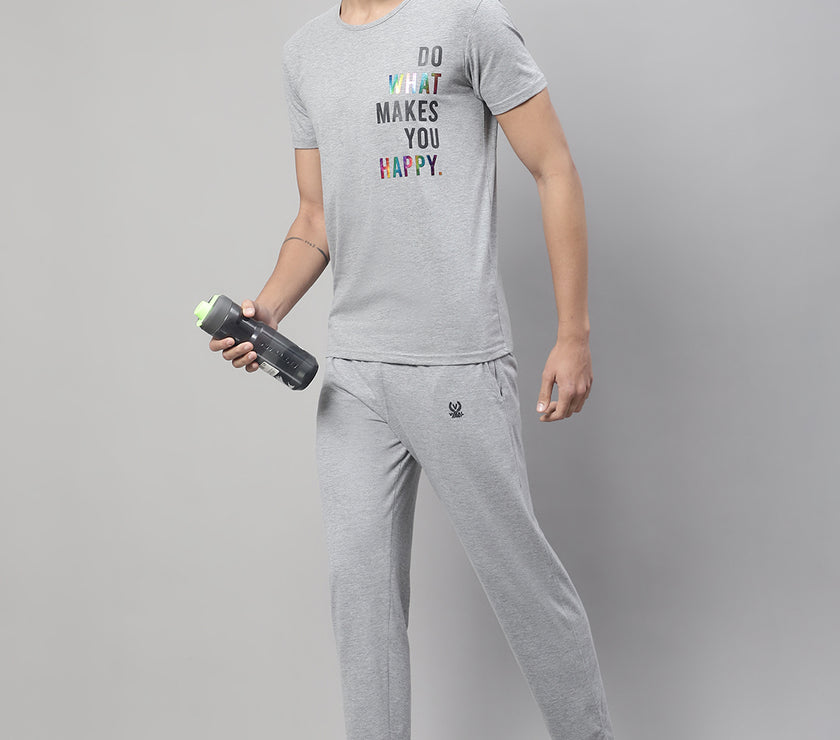 Mack Jonney Grey Melange Cotton Printed Co-ord Set Tracksuit For Men(Zip On 1 Side Pocket)
