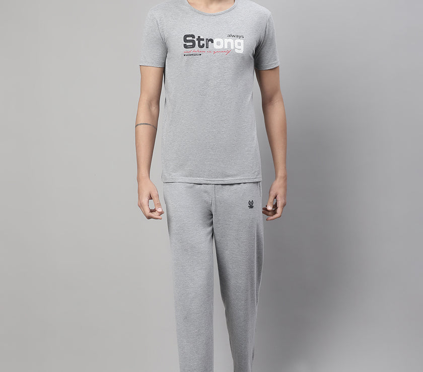 Mack Jonney Grey Melange Cotton Printed Co-ord Set Tracksuit For Men(Zip On 1 Side Pocket)