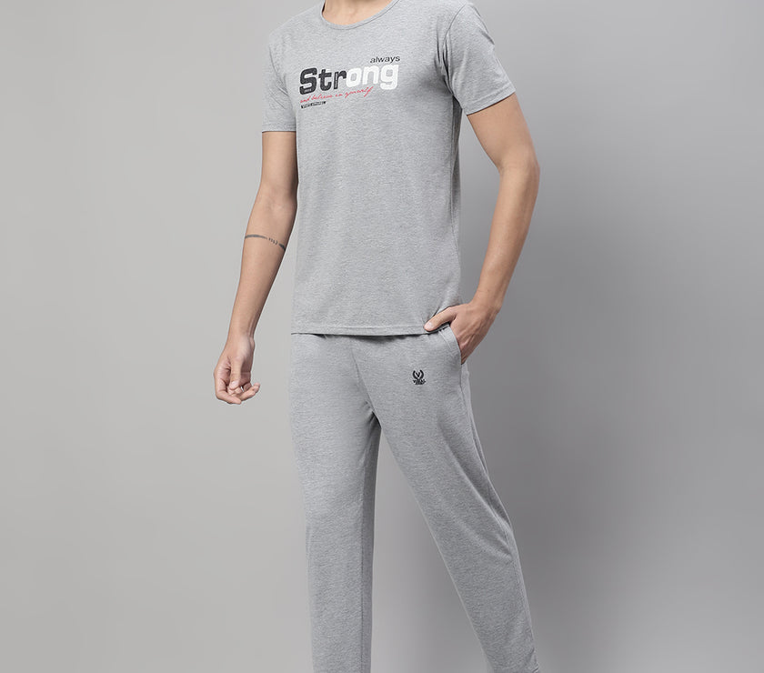 Mack Jonney Grey Melange Cotton Printed Co-ord Set Tracksuit For Men(Zip On 1 Side Pocket)