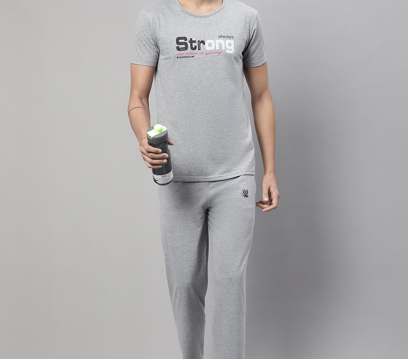 Mack Jonney Grey Melange Cotton Printed Co-ord Set Tracksuit For Men(Zip On 1 Side Pocket)