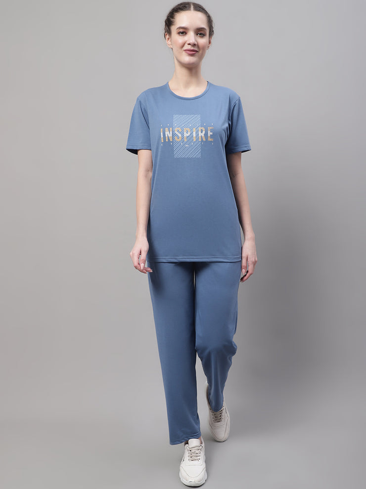 Mack Jonney Dark Grey Cotton Printed Co-ord Set Tracksuit For Women