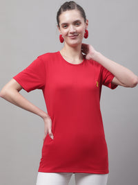 Mack Jonney Round Neck Cotton Solid Red T-Shirt for Women