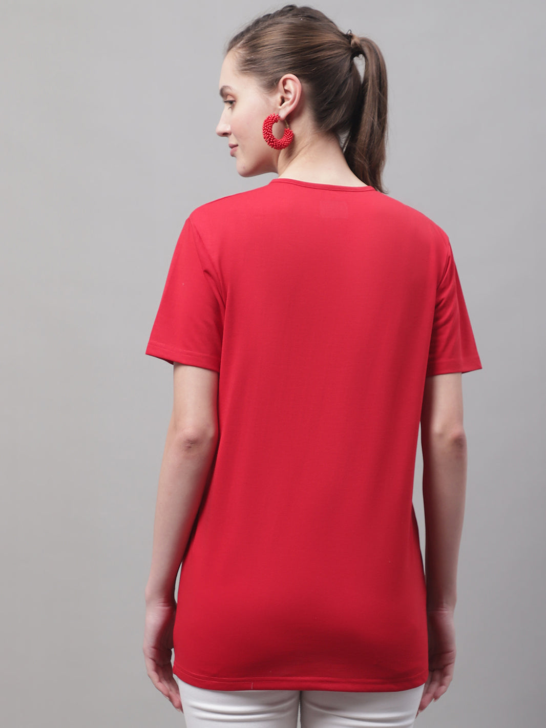 Mack Jonney Round Neck Cotton Solid Red T-Shirt for Women