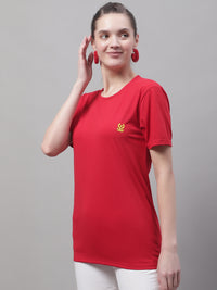 Mack Jonney Round Neck Cotton Solid Red T-Shirt for Women