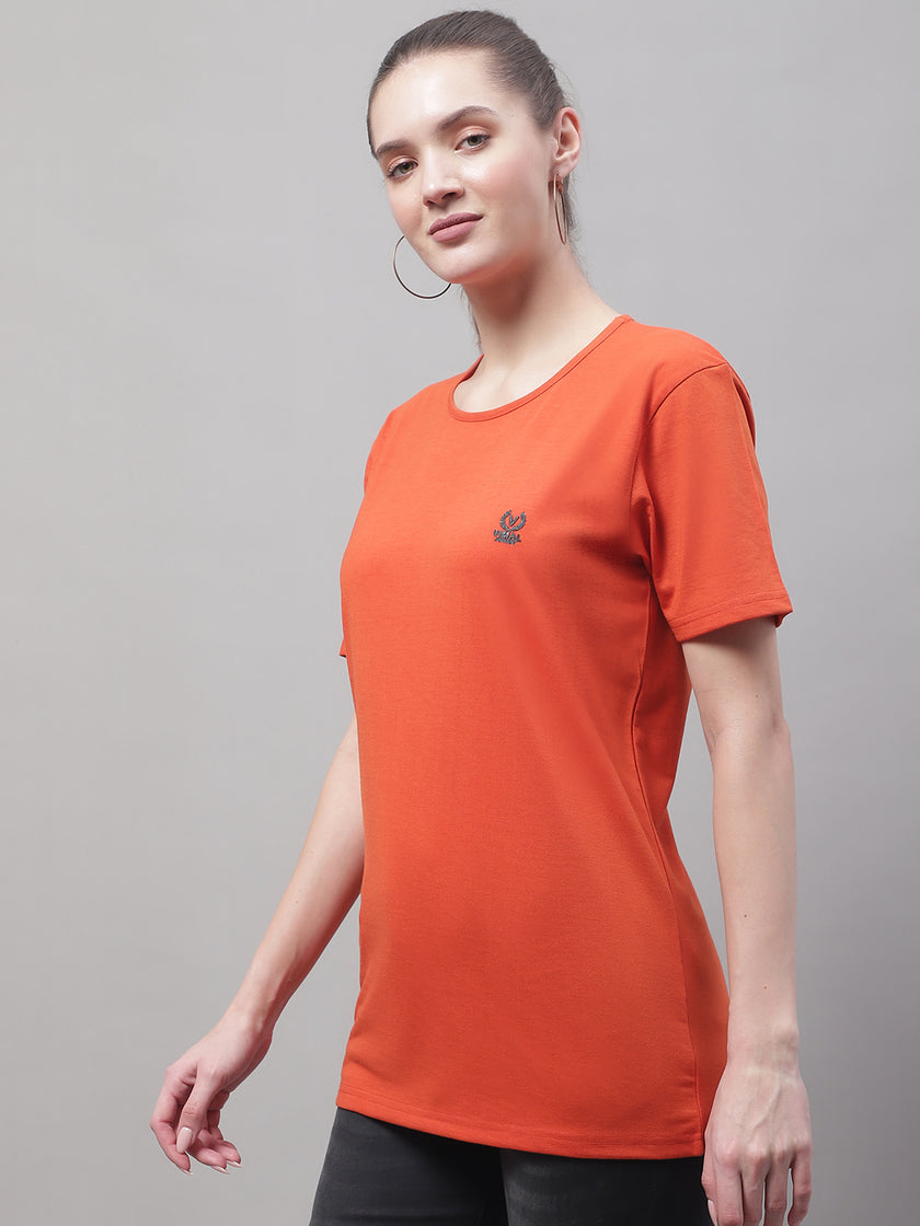 Mack Jonney Round Neck Cotton Solid Rust T-Shirt for Women