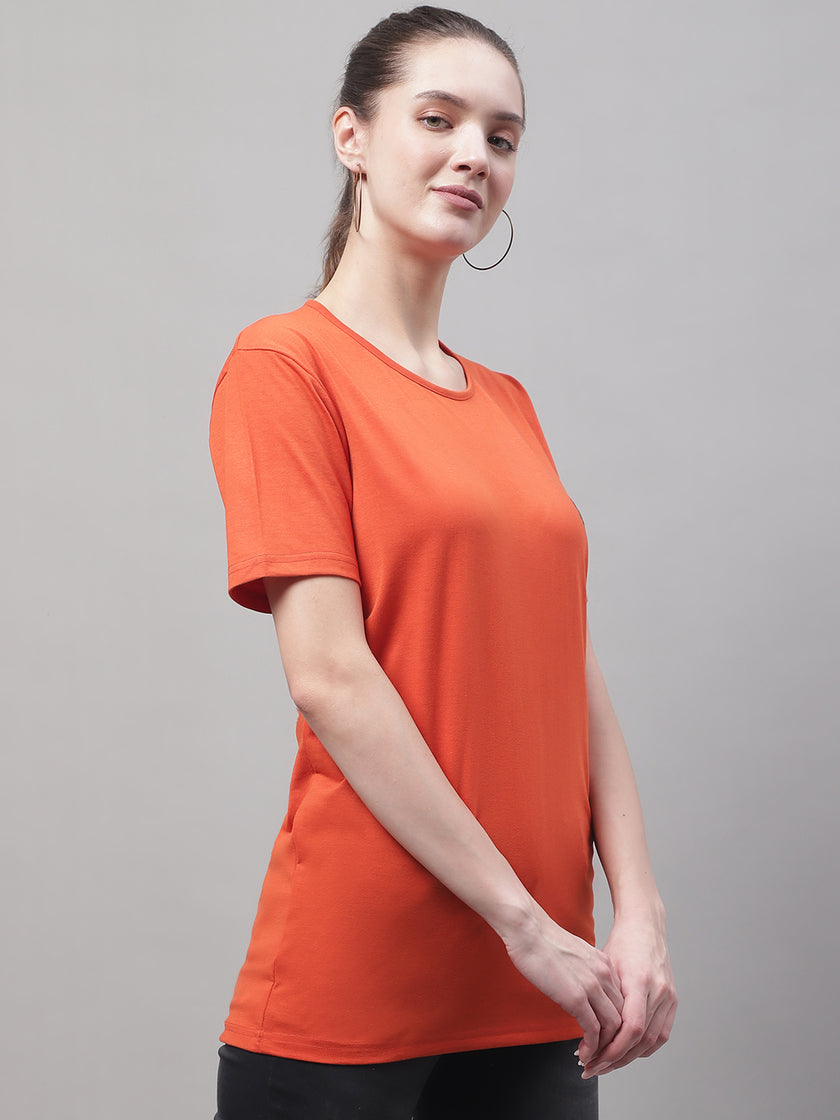 Mack Jonney Round Neck Cotton Solid Rust T-Shirt for Women