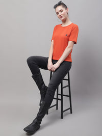 Mack Jonney Round Neck Cotton Solid Rust T-Shirt for Women