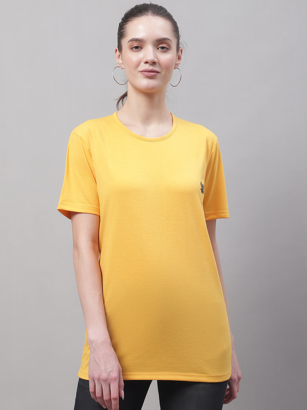 Mack Jonney Round Neck Cotton Solid Yellow T-Shirt for Women