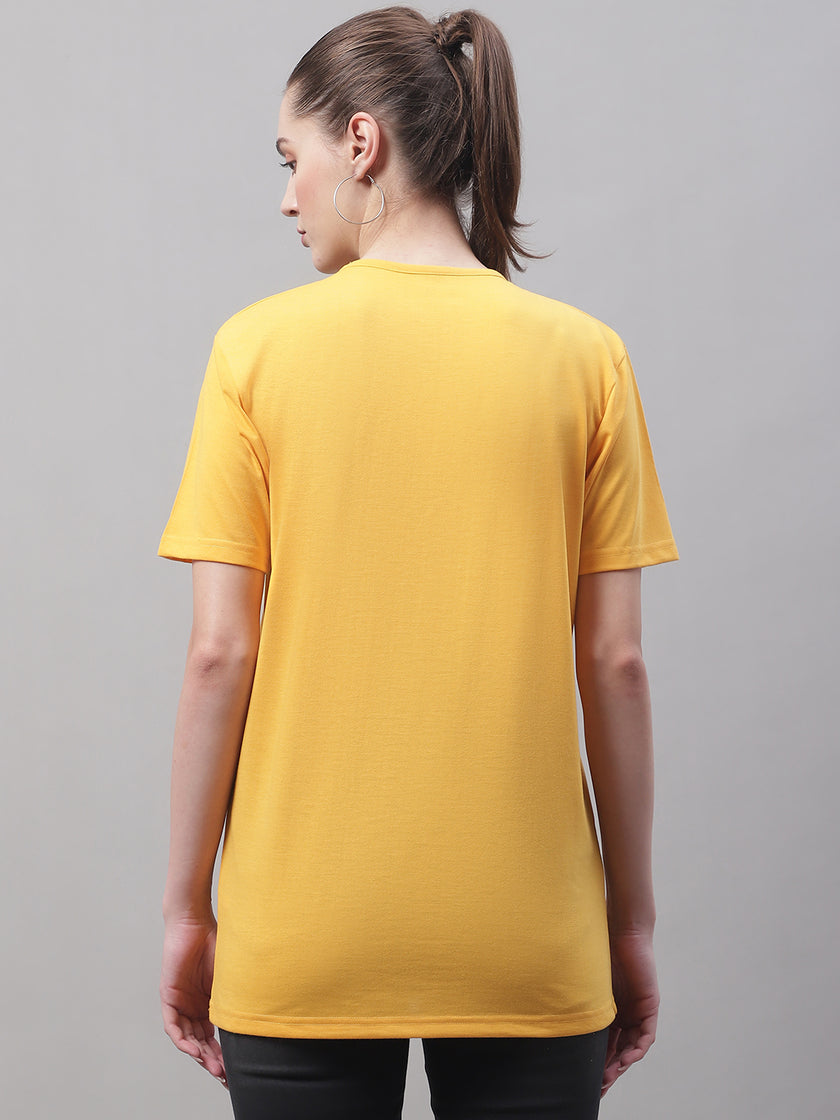 Mack Jonney Round Neck Cotton Solid Yellow T-Shirt for Women