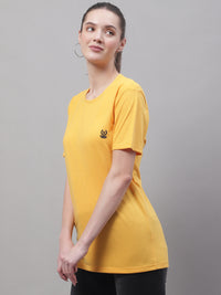 Mack Jonney Round Neck Cotton Solid Yellow T-Shirt for Women