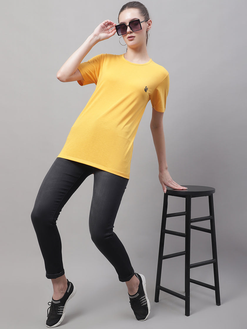 Mack Jonney Round Neck Cotton Solid Yellow T-Shirt for Women