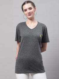 Mack Jonney V Neck Cotton Solid Grey T-Shirt for Women