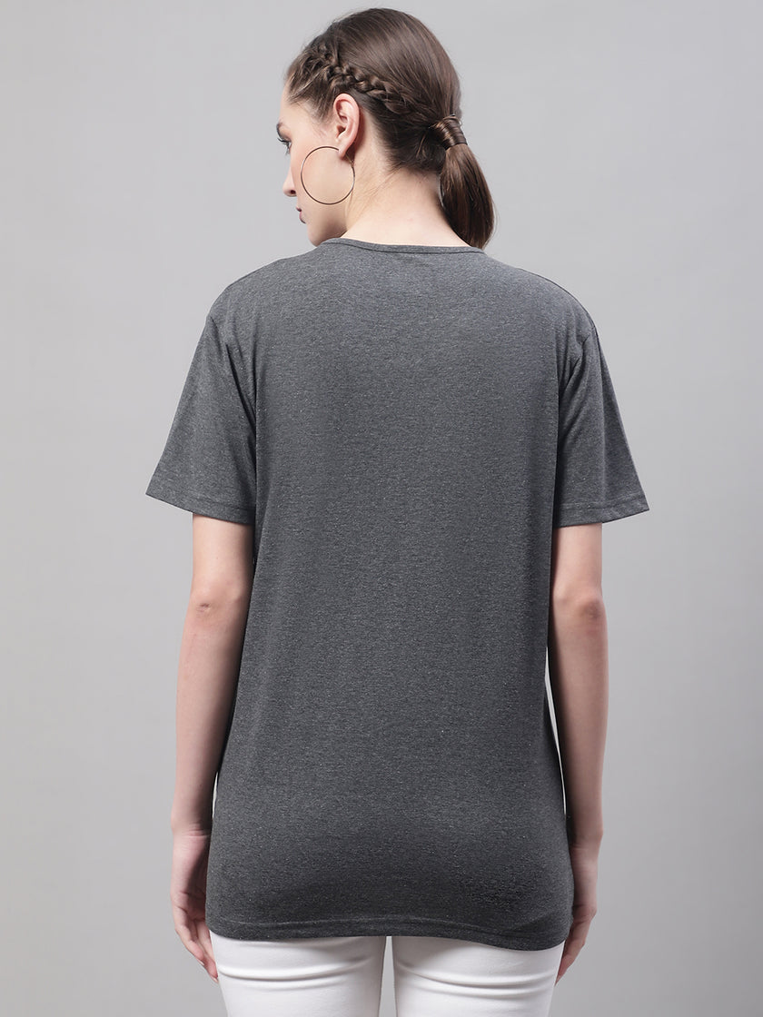 Mack Jonney V Neck Cotton Solid Grey T-Shirt for Women