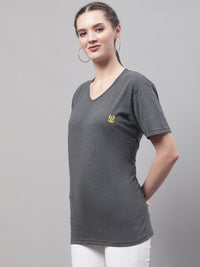 Mack Jonney V Neck Cotton Solid Grey T-Shirt for Women