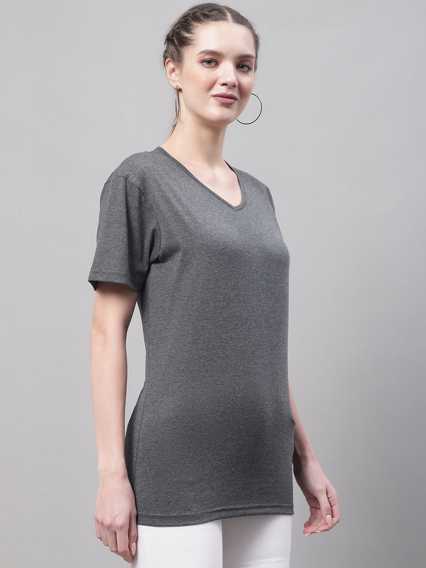 Mack Jonney V Neck Cotton Solid Grey T-Shirt for Women