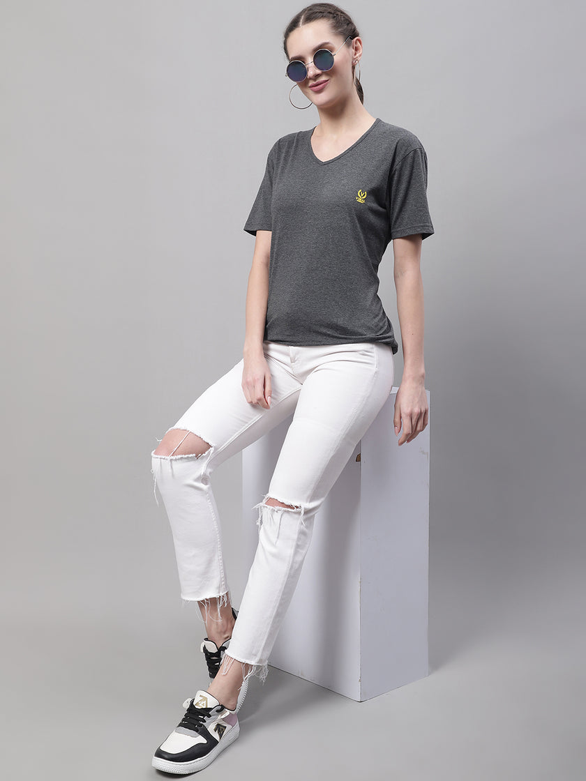 Mack Jonney V Neck Cotton Solid Grey T-Shirt for Women