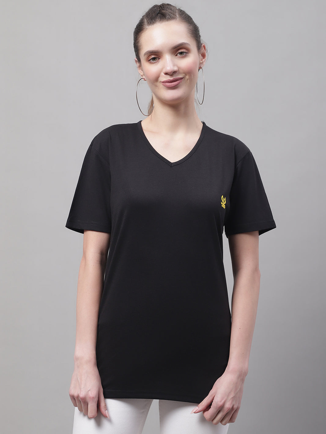 Mack Jonney V Neck Cotton Solid Black T-Shirt for Women