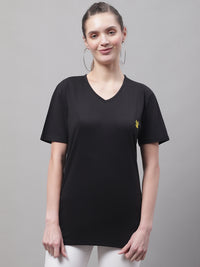 Mack Jonney V Neck Cotton Solid Black T-Shirt for Women
