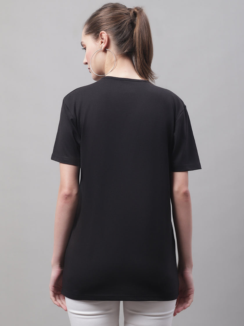 Mack Jonney V Neck Cotton Solid Black T-Shirt for Women
