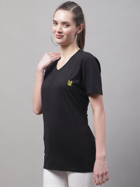 Mack Jonney V Neck Cotton Solid Black T-Shirt for Women