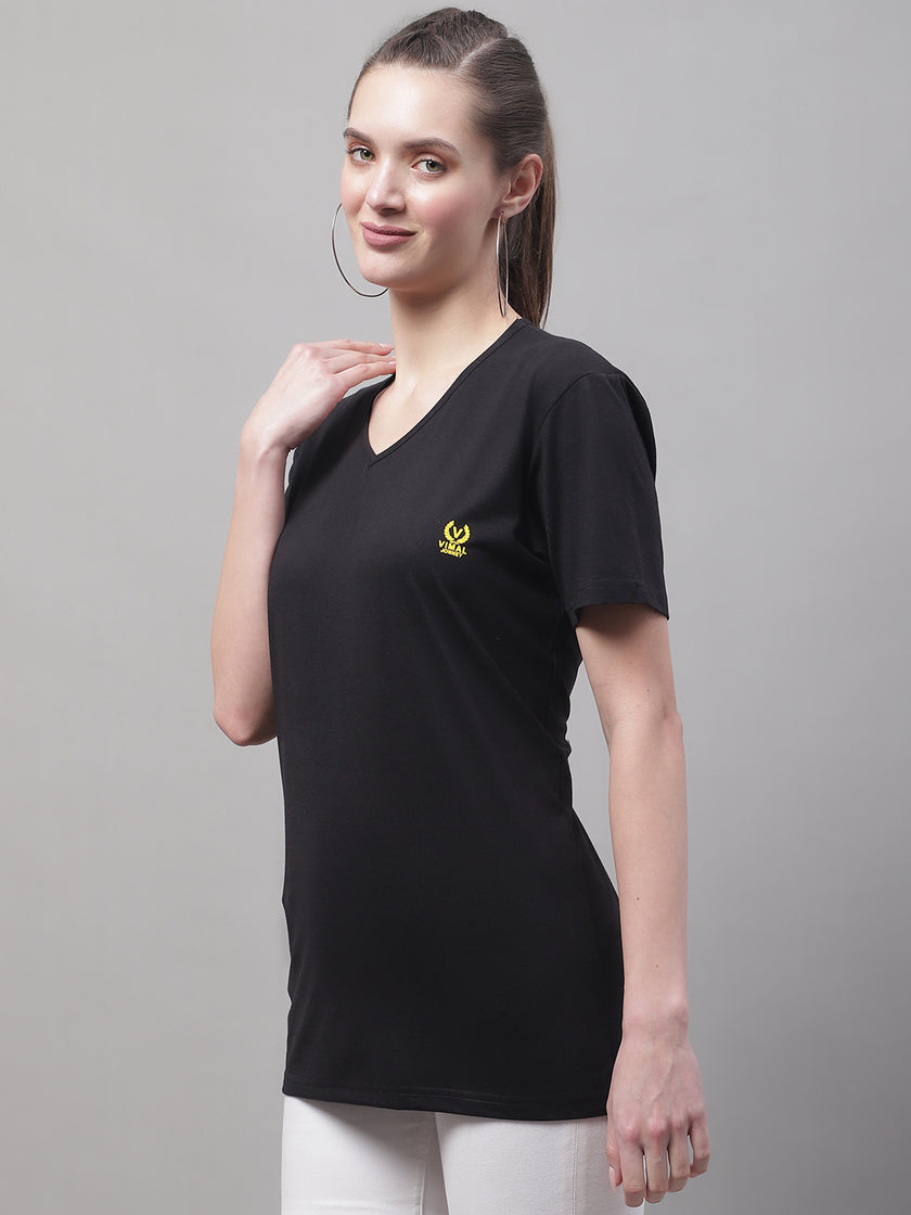 Mack Jonney V Neck Cotton Solid Black T-Shirt for Women