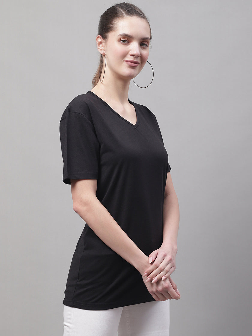 Mack Jonney V Neck Cotton Solid Black T-Shirt for Women