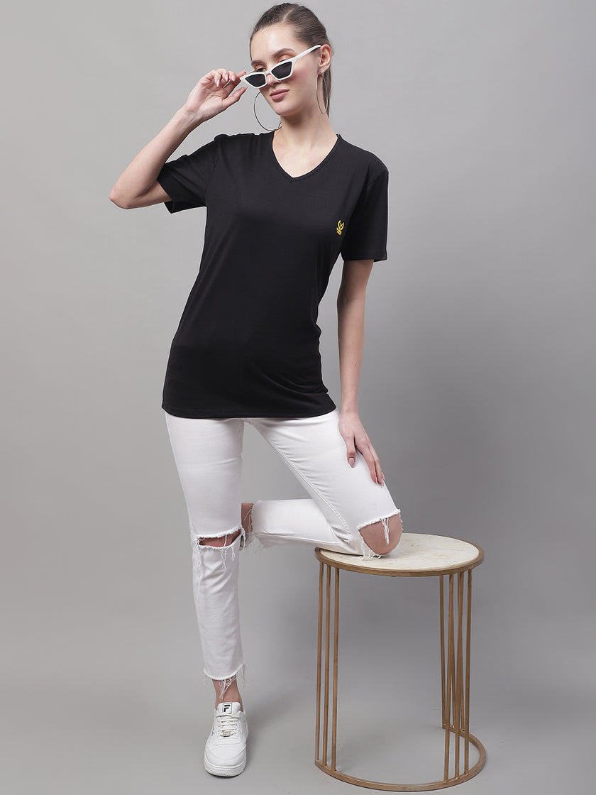 Mack Jonney V Neck Cotton Solid Black T-Shirt for Women