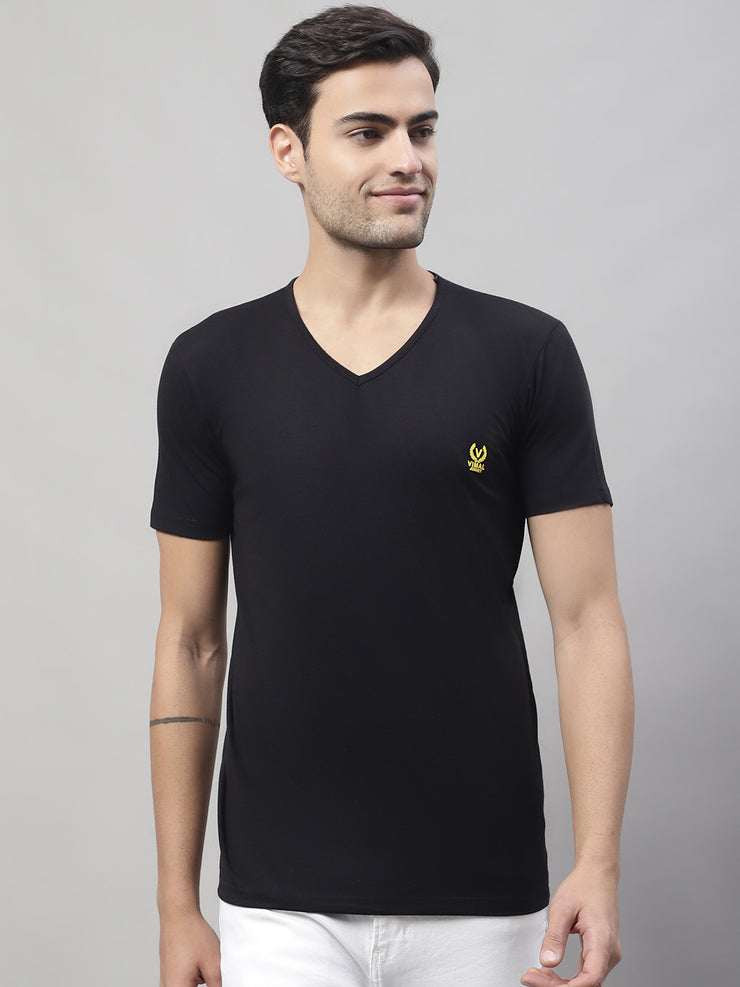 Mack Jonney V Neck Cotton Solid Black T-Shirt for Men